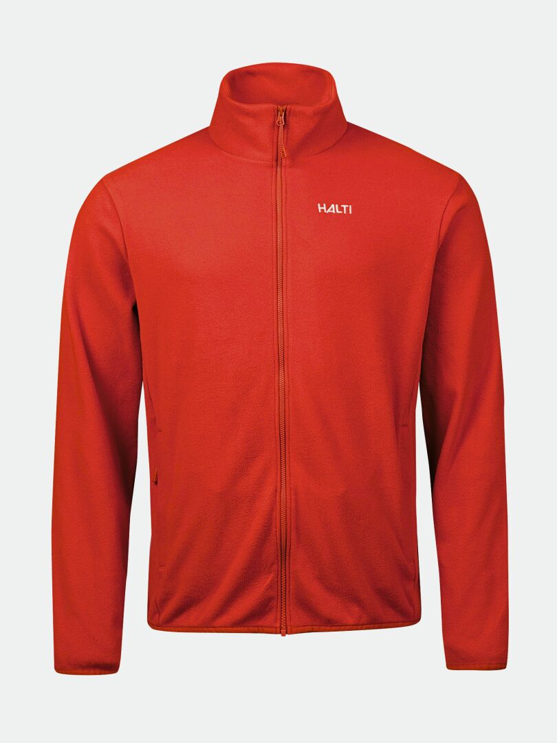 Die Halti Rockmoon Fleecejacke für Herren, rot, mit langen Ärmeln und Brustlogo, abgebildet auf weißem Hintergrund.