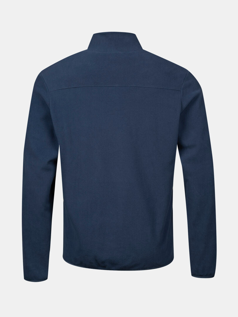 Rückenansicht der Halti Rockmoon Fleece Jacke Herren in navy, lange Ärmel, kurzer Kragen-ideal für Outdoor-Aktivitäten.