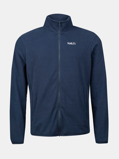 Die Halti Rockmoon Fleece Jacke Herren in navy, mit langen Ärmeln und Logo auf der linken Brustseite, ist ideal für Outdoor-Aktivitäten.