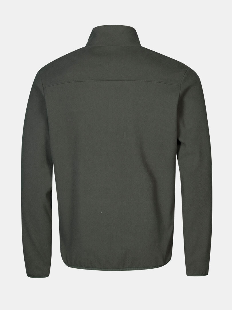 Rückansicht der Halti Rockmoon Fleecejacke für Herren in Dunkelgrün mit Kragen, abgebildet auf einem einfarbigen weißen Hintergrund.