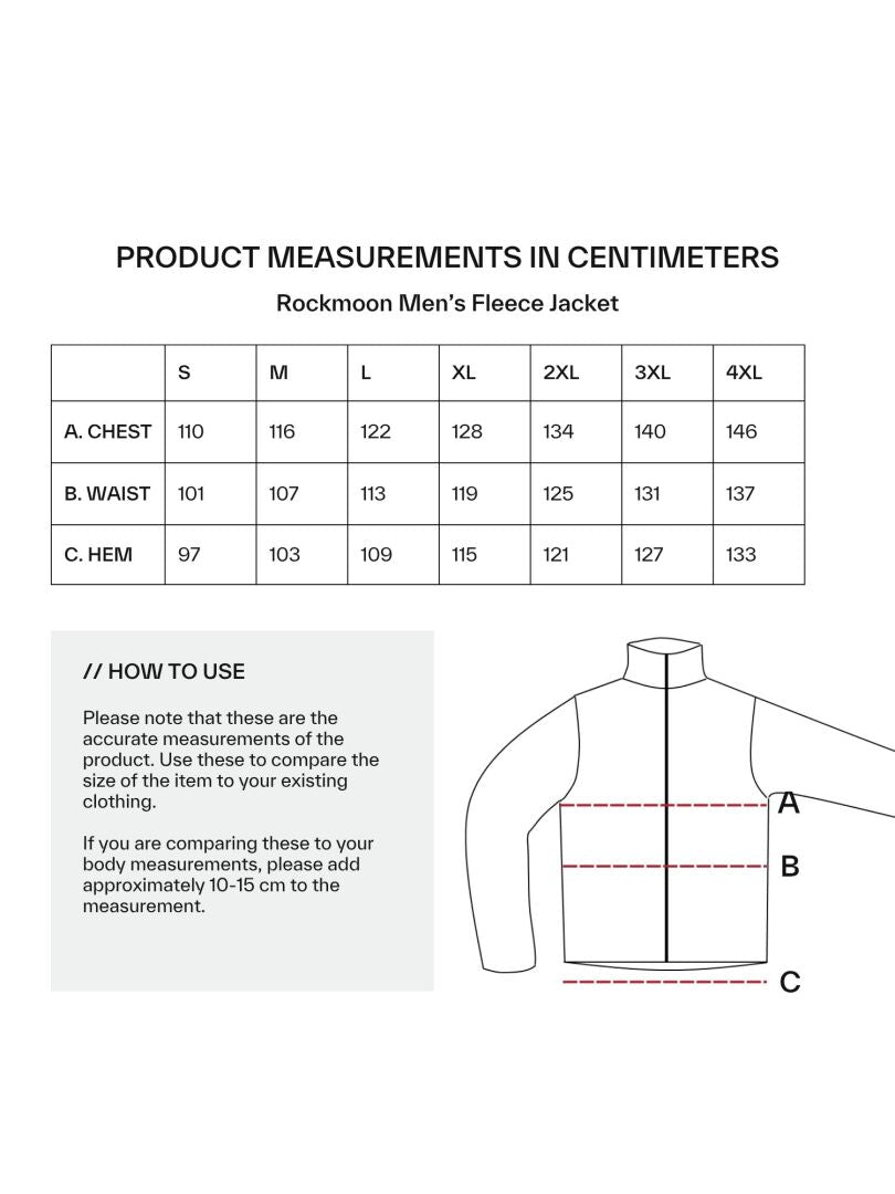 Größentabelle für Halti Rockmoon Fleecejacke Herren mit Brustumfang, Taillenumfang, Saumumfang und Maßdiagramm.
