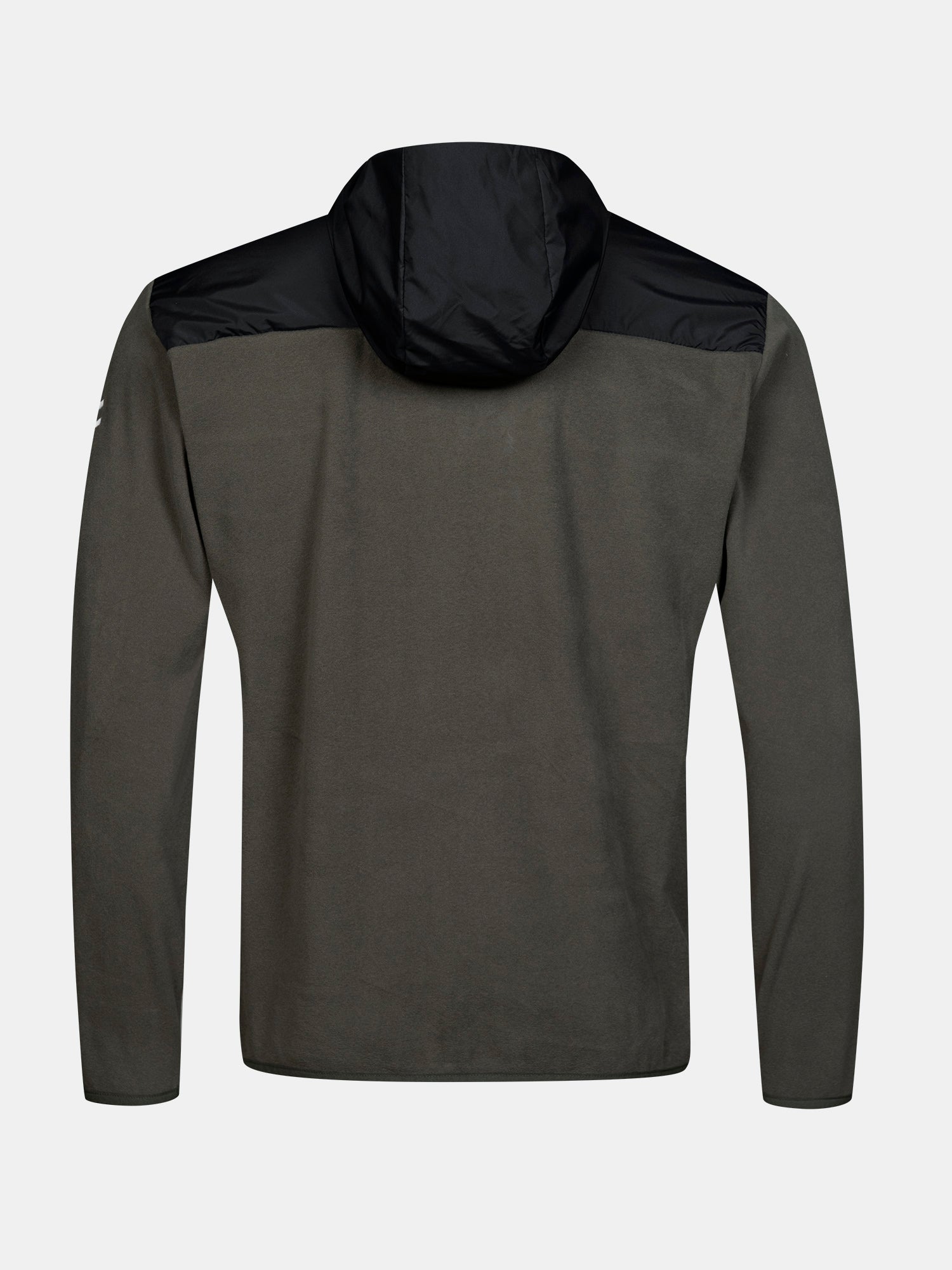 Rückansicht der Halti Rockmoon Fleecejacke für Herren in Olivgrün mit schwarzen Schultern und Kapuze, ideal für Outdoor-Aktivitäten.
