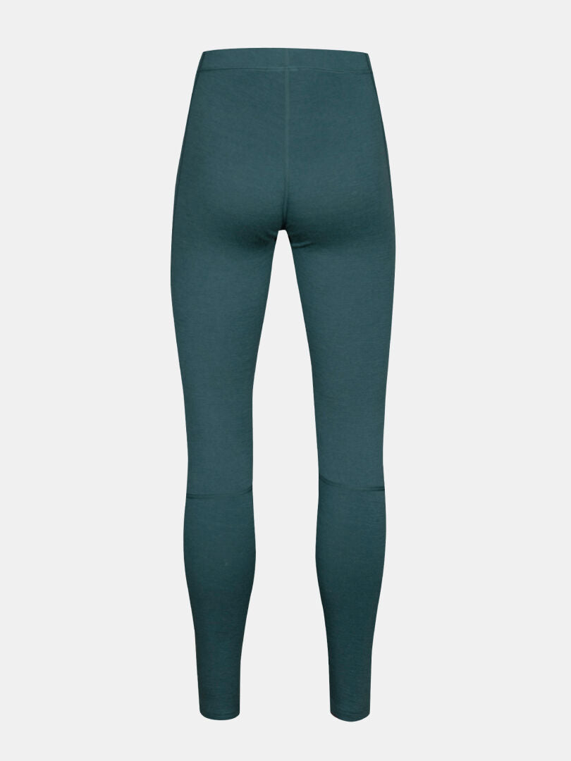 Rückansicht der Halti Hossa II Merino Damen-Leggings, hoch tailliert, in der Farbe Teal, figurbetont; abgebildet auf weißem Hintergrund.