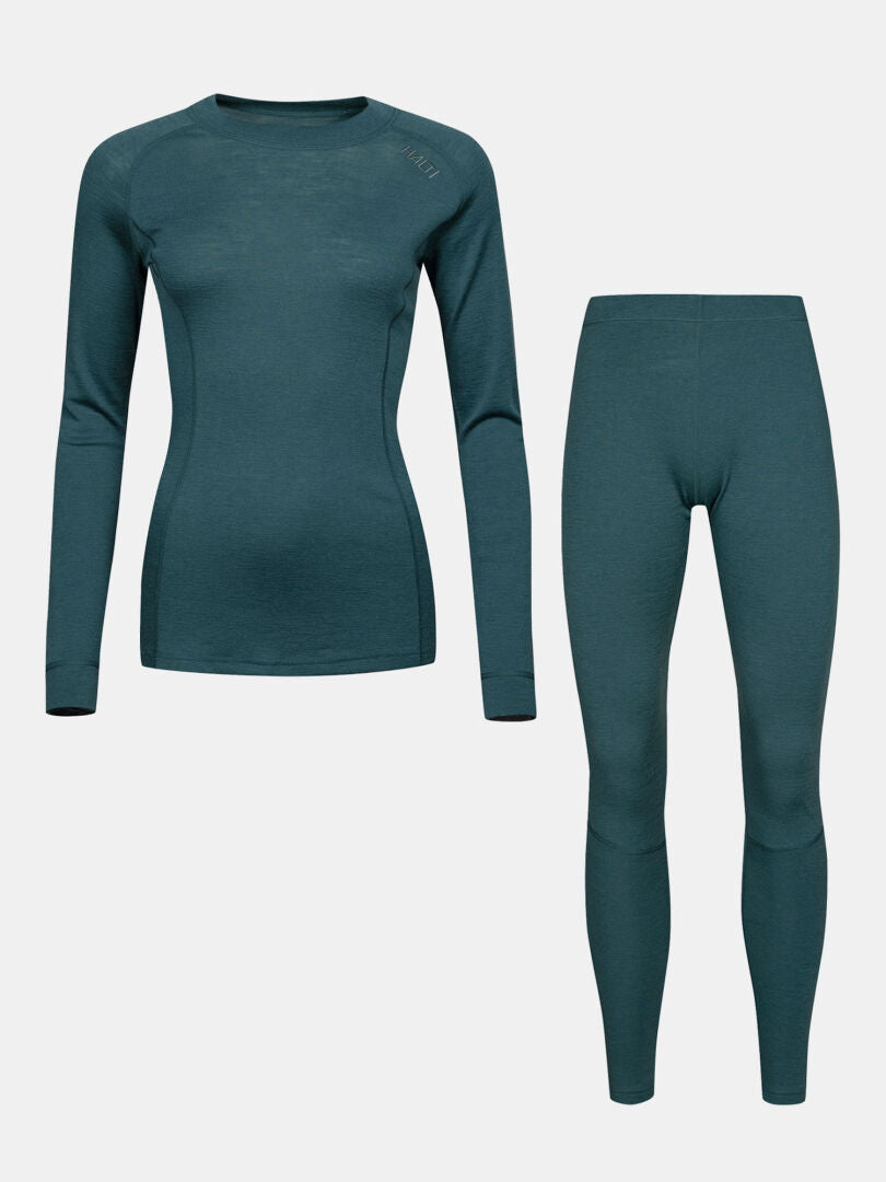 Halti Hossa II Merino Damen-Basisset in Teal, Langarm-Top + Leggings, für Outdoor-Aktivitäten geeignet, abgebildet in Grau.