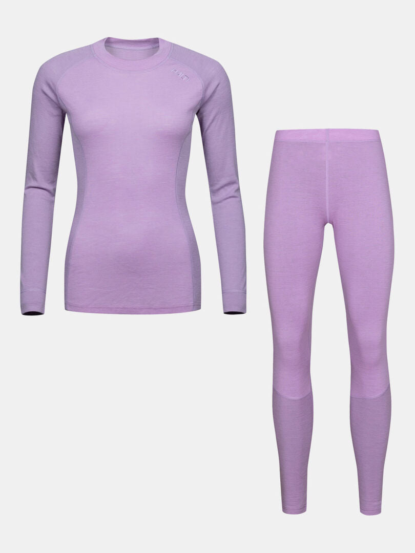 Halti Hossa II Merino-Unterwäsche-Set für Damen in Lavendel: Temperaturregulierung, Langarm-Top und Leggings, weiß.