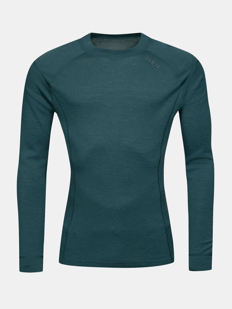 Langärmliges Shirt mit Rundhalsausschnitt in Blaugrün – Halti Hossa II Merino-Unterwäsche-Set für Herren, ein stilvolles Outdoor-Basisshirt für Männer.