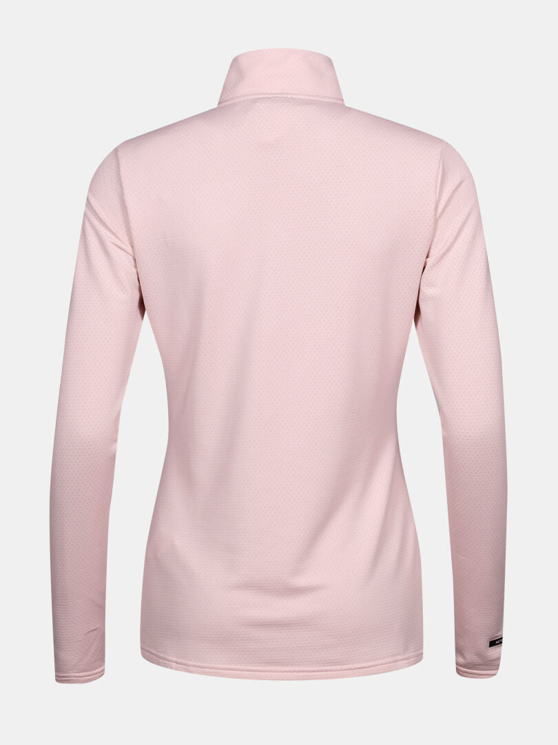 Das Halti Jaako Hemd Damen in Hellrosa wird von hinten vor einem schlichten weißen Hintergrund gezeigt.