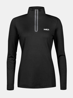 Halti Jaako Hemd Damen: schwarzer langärmeliger Midlayer mit Frontreißverschluss und Logo, aus Active Dry Sport Knit Material.