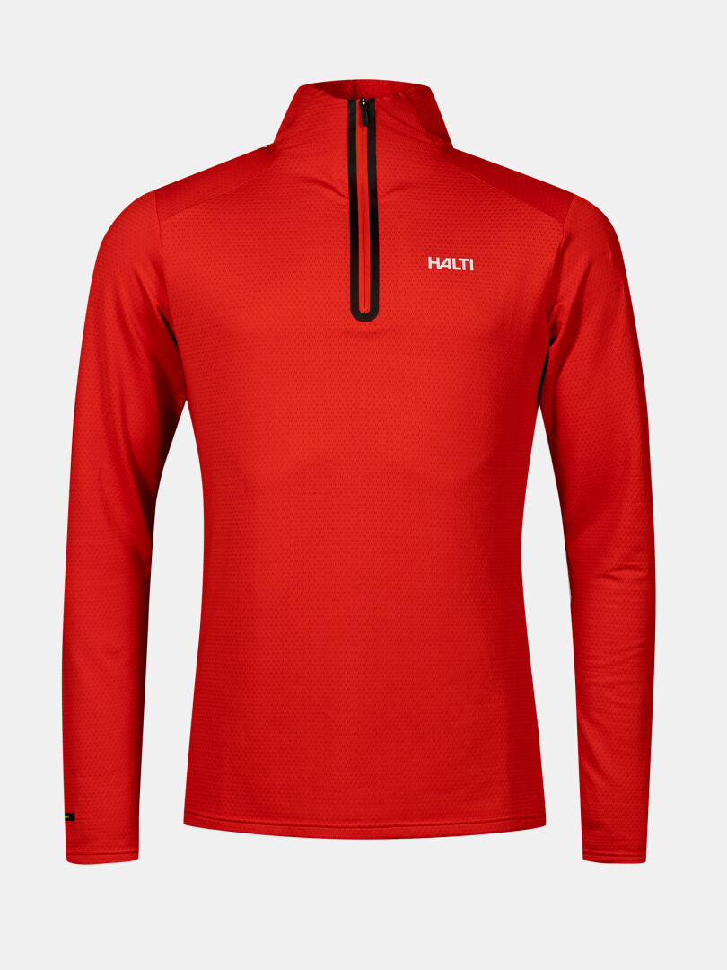 Der Jaako Hemd Herren von Halti ist ein langärmeliger, roter Sportpullover mit halbem Reißverschluss, perfekt für Outdoor-Aktivitäten.