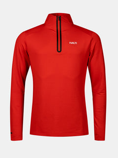 Der Jaako Hemd Herren von Halti ist ein langärmeliger, roter Sportpullover mit halbem Reißverschluss, perfekt für Outdoor-Aktivitäten.
