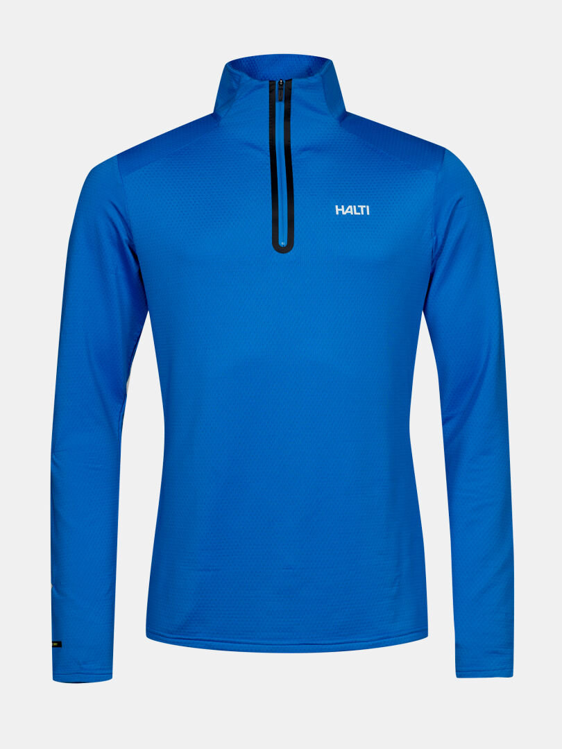 Ein langärmeliges Jaako Hemd Herren von Halti in leuchtendem Blau mit Active Dry Sport Knit, halbem Reißverschluss und Brustlogo.