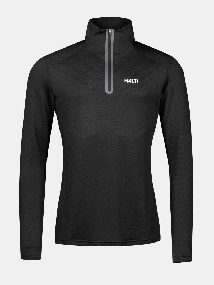 Das Jaako Hemd Herren von Halti ist ein schwarzer Midlayer für Herren mit einem Viertelreißverschluss und Active Dry Sport Knit für draußen.