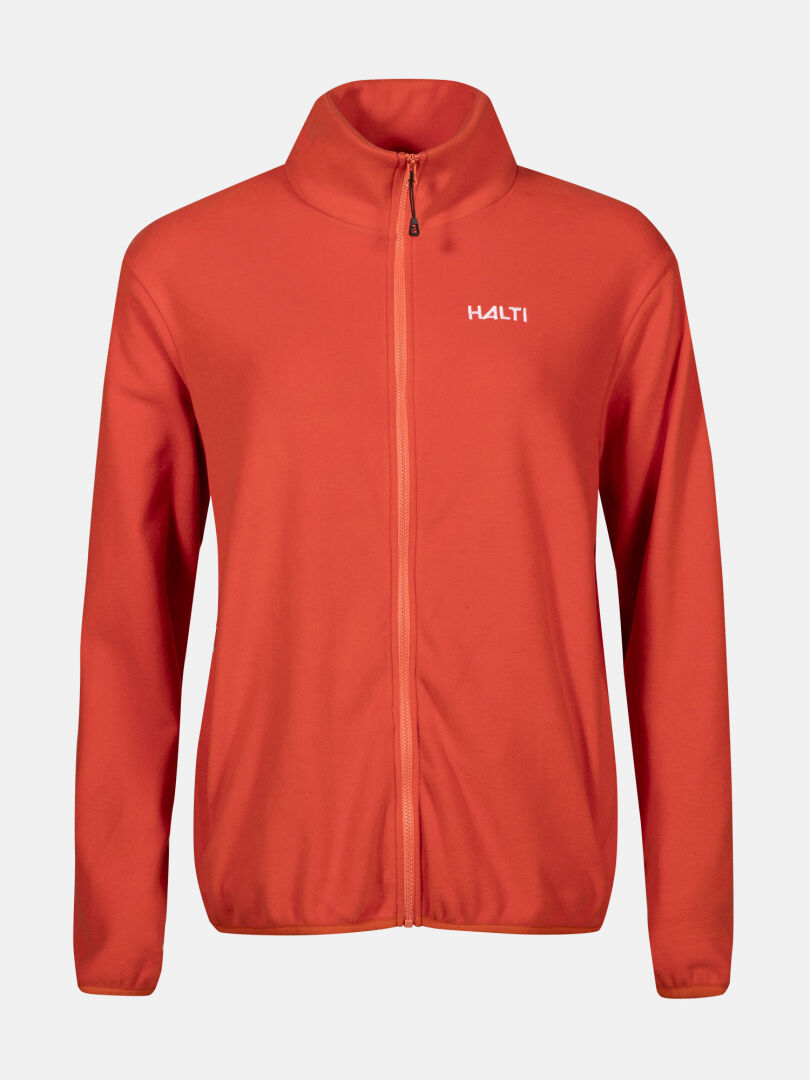 Die Halti Rockmoon Fleecejacke Damen Plus ist eine schlichte orangefarbene Zip-Up Fleecejacke mit Stehkragen und Logo auf der Brust.