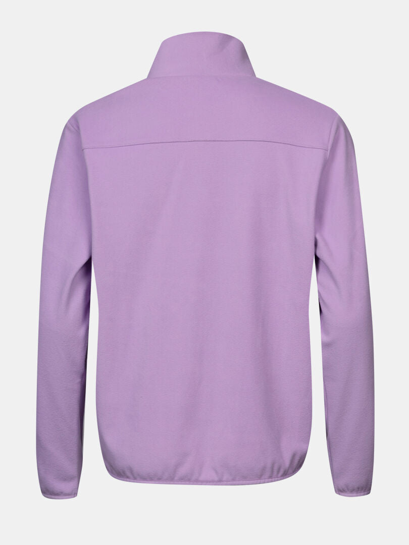 Die Halti Rockmoon Fleecejacke Damen Plus in Lavendel, hier von hinten gezeigt, eignet sich ideal für Outdoor-Aktivitäten.