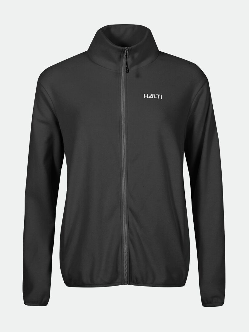 Die Halti Rockmoon Fleece Jacke Damen Plus in schwarz hat einen hohen Kragen und ein Logo auf der Brust, das auf einem einfarbigen Hintergrund abgebildet ist.