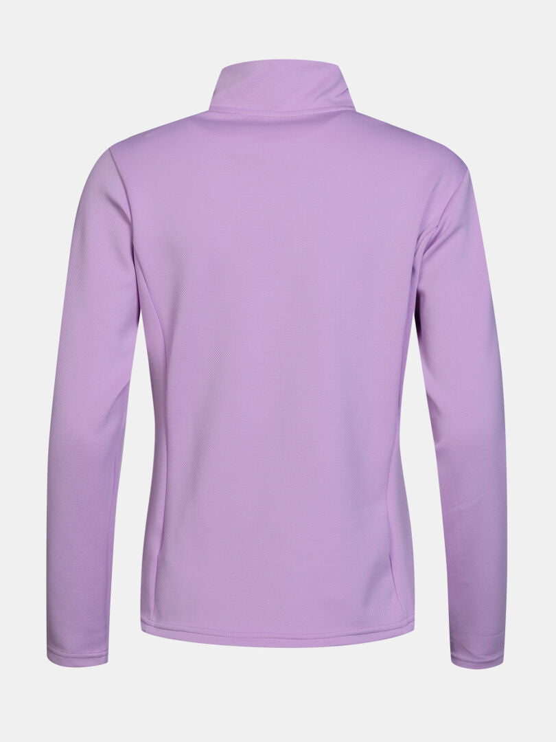 Rückansicht der Halti Kivikko Midlayer-Jacke für Damen in Hellviolett – perfekt für Outdoor-Aktivitäten und sportlichen Komfort.