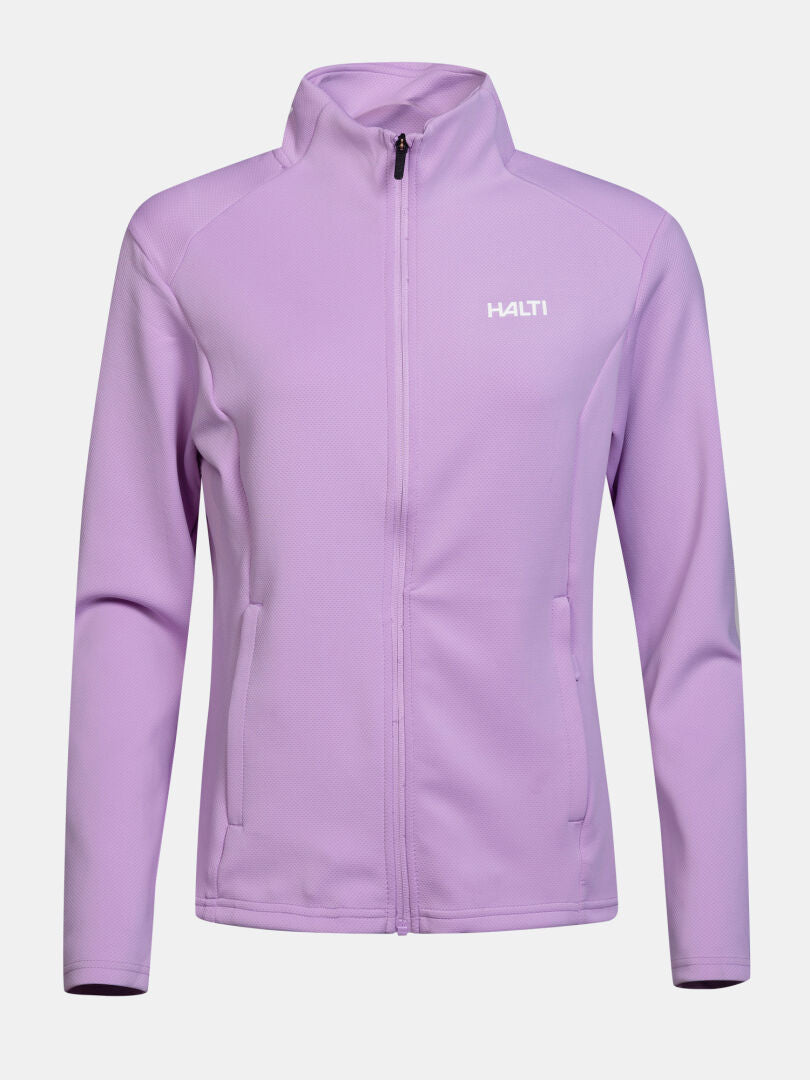 Halti Kivikko Midlayer-Jacke für Damen in Hellviolett mit Active Dry-Material, Vordertaschen und HALTI-Logo auf der Brust.