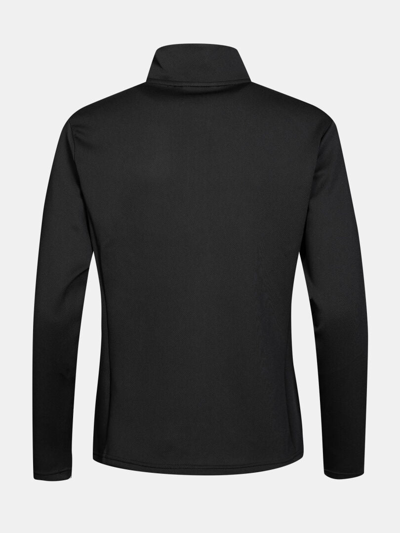 Rückansicht der Halti Kivikko Midlayer-Jacke für Damen aus schwarzem Active Dry-Material mit Stehkragen, abgebildet auf weißem Hintergrund.