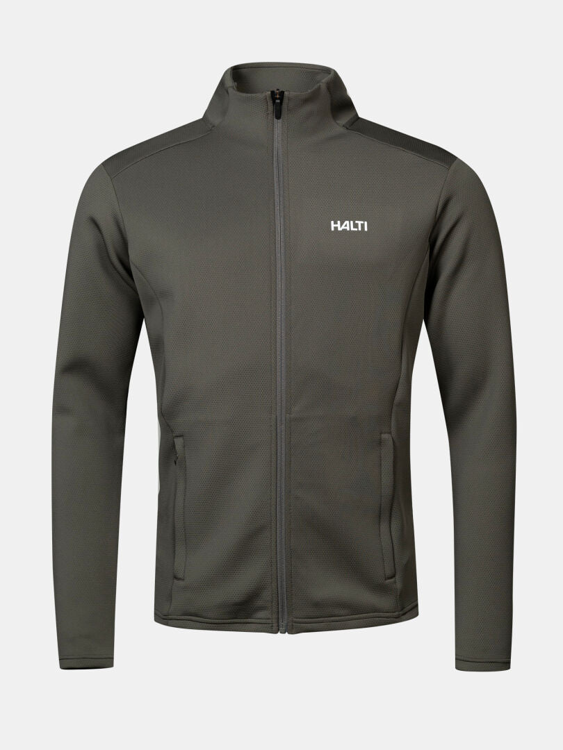 Halti Kivikko Midlayer-Jacke für Herren: graue Jacke mit Reißverschluss, langen Ärmeln, Seitentaschen und HALTI-Logo auf der linken Brustseite.