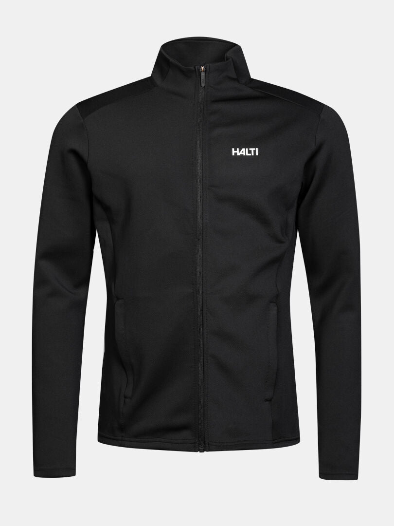 Halti Kivikko Midlayer-Jacke für Herren: schwarze Jacke mit Reißverschluss und Stehkragen, ideal für Outdoor-Aktivitäten.