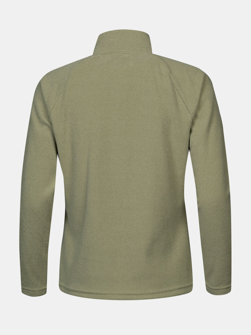 Rückansicht der Halti Suomis Hybrid Layer Jacke für Damen in hellem Olivgrün mit hohem Kragen – ideal für Outdoor-Aktivitäten.