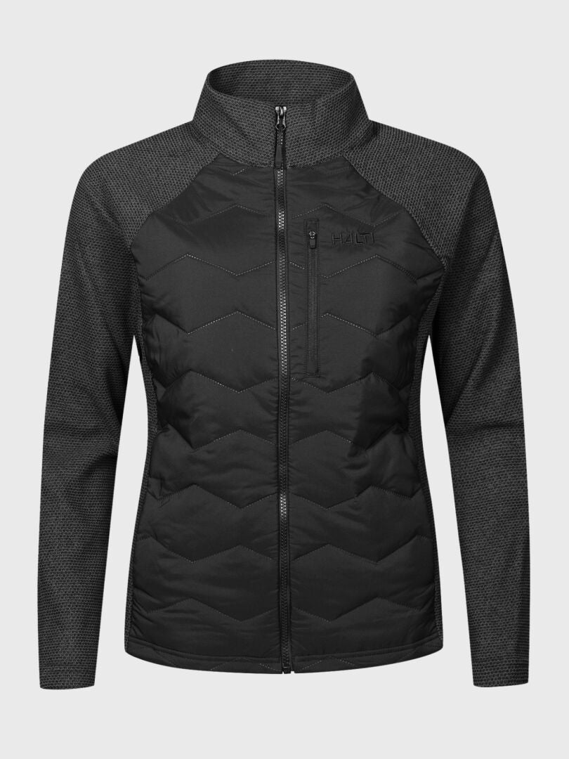 Halti Suomis Hybrid Layer Jacke für Damen in Schwarz/Grau mit Brusttasche, Chevron-Nähten und wärmendem Microtherm Dynamic.