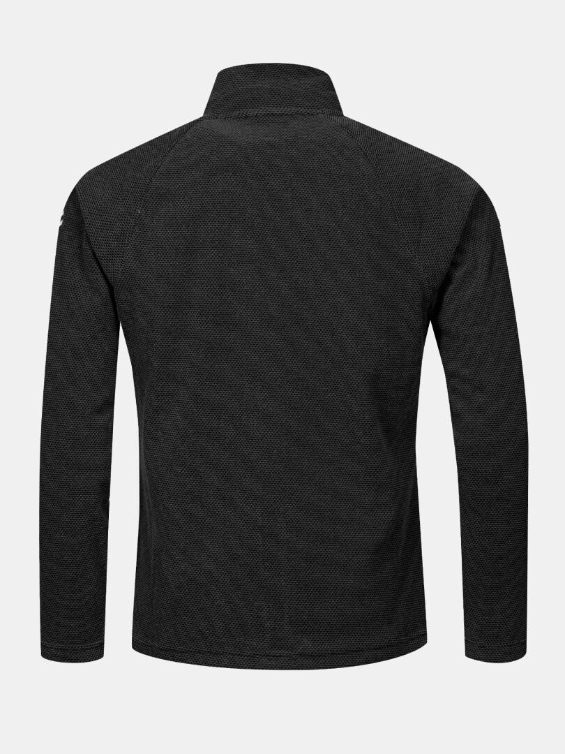 Halti Suomis Hybrid Layer Jacke für Herren in Schwarz, Rückansicht auf hellgrauem Hintergrund – perfekt für Outdoor-Aktivitäten.