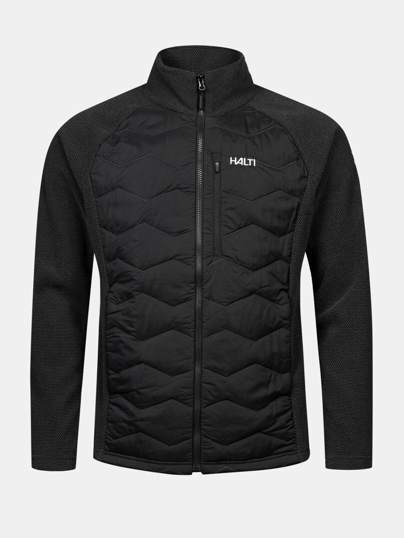 Halti Suomis Hybrid Layer Jacke für Herren: schwarze Jacke mit Reißverschluss, gesteppter Vorderseite, hohem Kragen, Brusttasche und Halti-Logo.