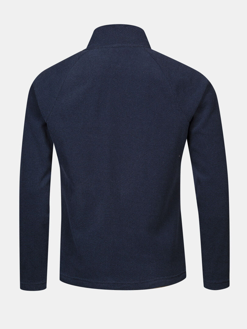 Rückansicht der Halti Suomis Hybrid Layer Jacke für Herren in Dunkelblau, ideal für Outdoor-Aktivitäten, abgebildet vor einem hellgrauen Hintergrund.