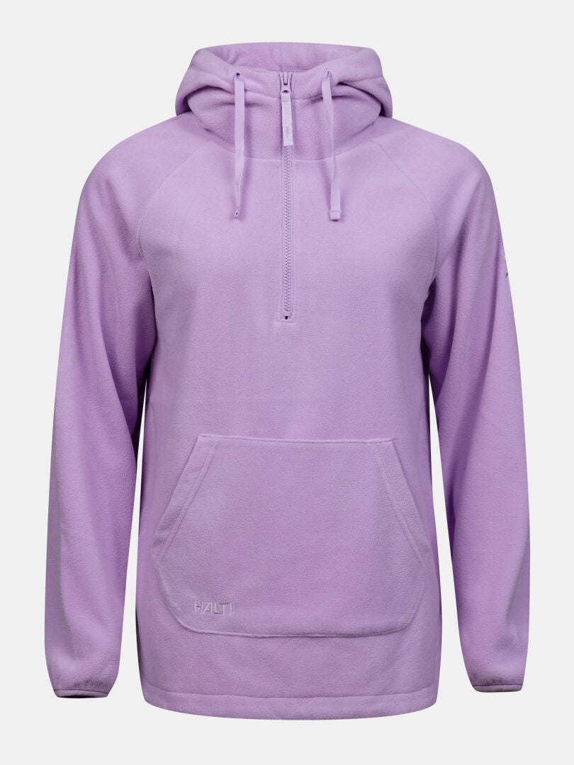 Der Halti Susanne Fleece Damen-Hoodie: lavendelfarben, mit halbem Reißverschluss und Kängurutasche – ideal als warme Outdoor-Zwischenlage.