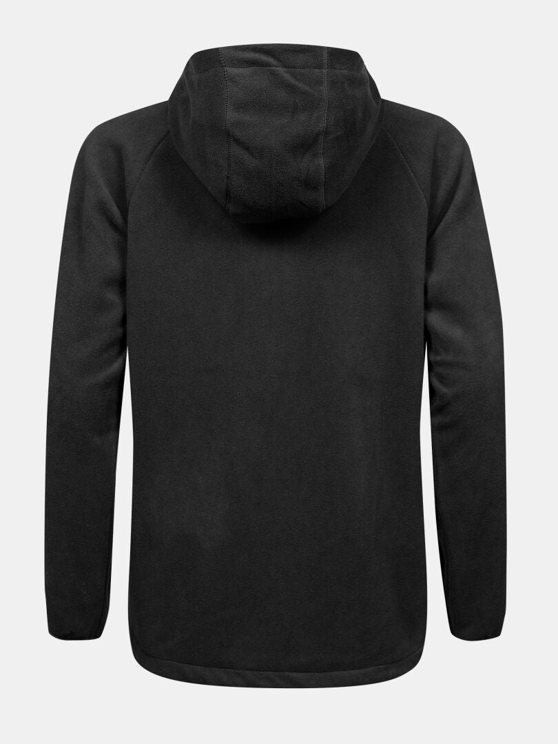 Halti Susanne Fleece Damen, schwarz mit Kapuze, hier von hinten gezeigt – die perfekte warme Zwischenschicht für Outdoor-Pullover.