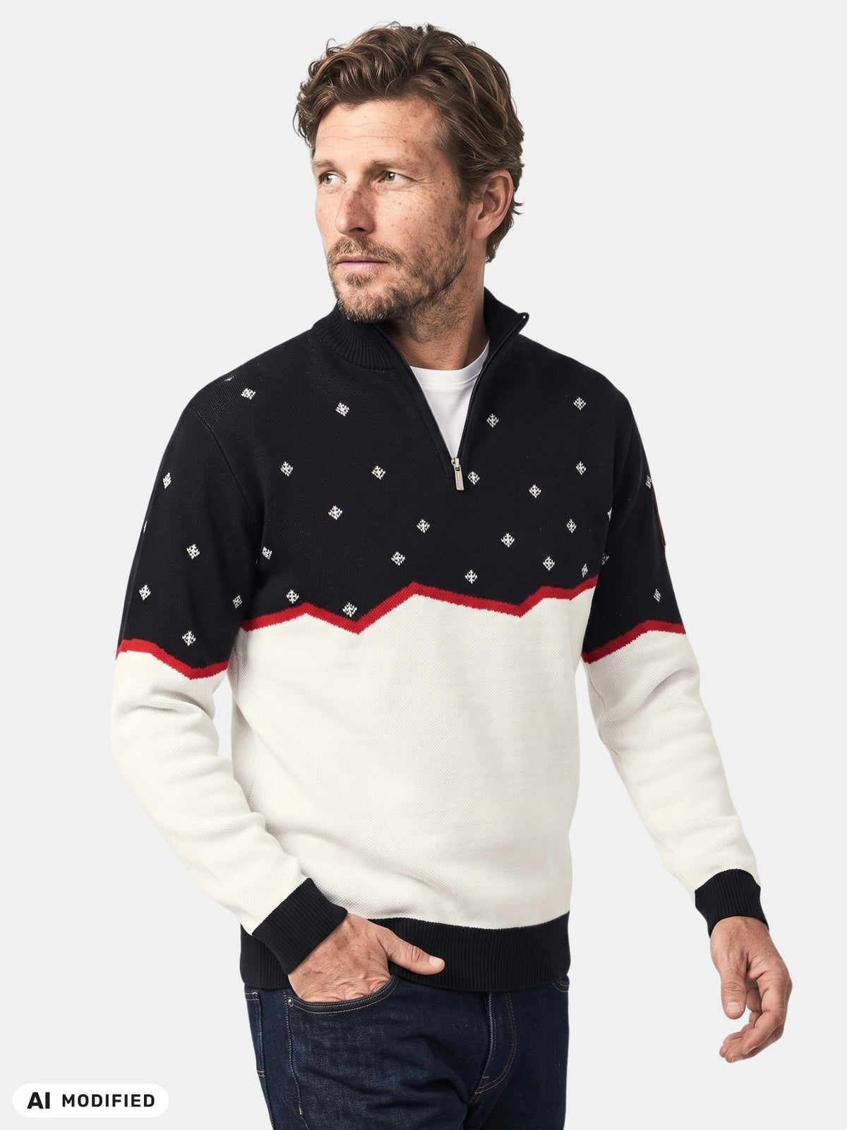 Der Halti Tauko Unisex-Pullover ist ein schwarz-weißer Pullover mit Viertelreißverschluss, der mit roten Zickzackmustern und Schneeflockenmotiven verziert ist.
