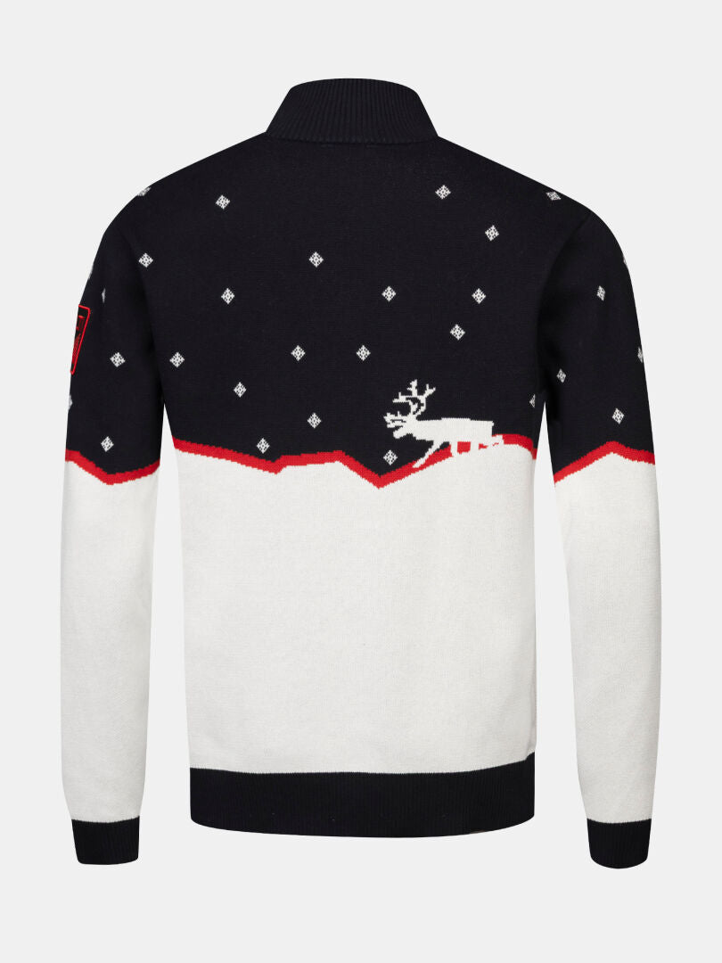 Rückansicht des Halti Tauko Unisex-Pullovers mit schwarz-weißer Schneelandschaft, rotem Rand und Rentier-Silhouette.