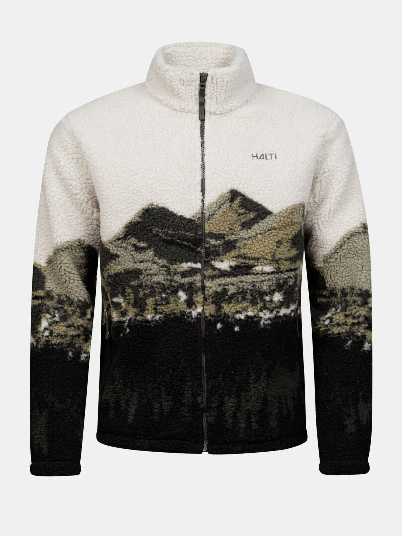 Halti Tunturit Fleecejacke Unisex: Reißverschlussjacke mit Bergmotiv in Schwarz, Beige und Olivgrün, Logo auf der Brust.