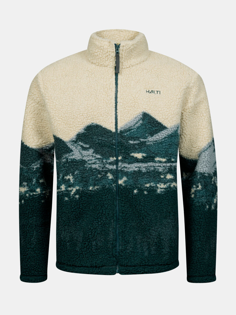 Halti Tunturit Fleecejacke, Unisex, in Beige/Dunkelgrün mit Bergmotiv und Reißverschluss vorne, abgebildet vor einfarbigem Hintergrund.
