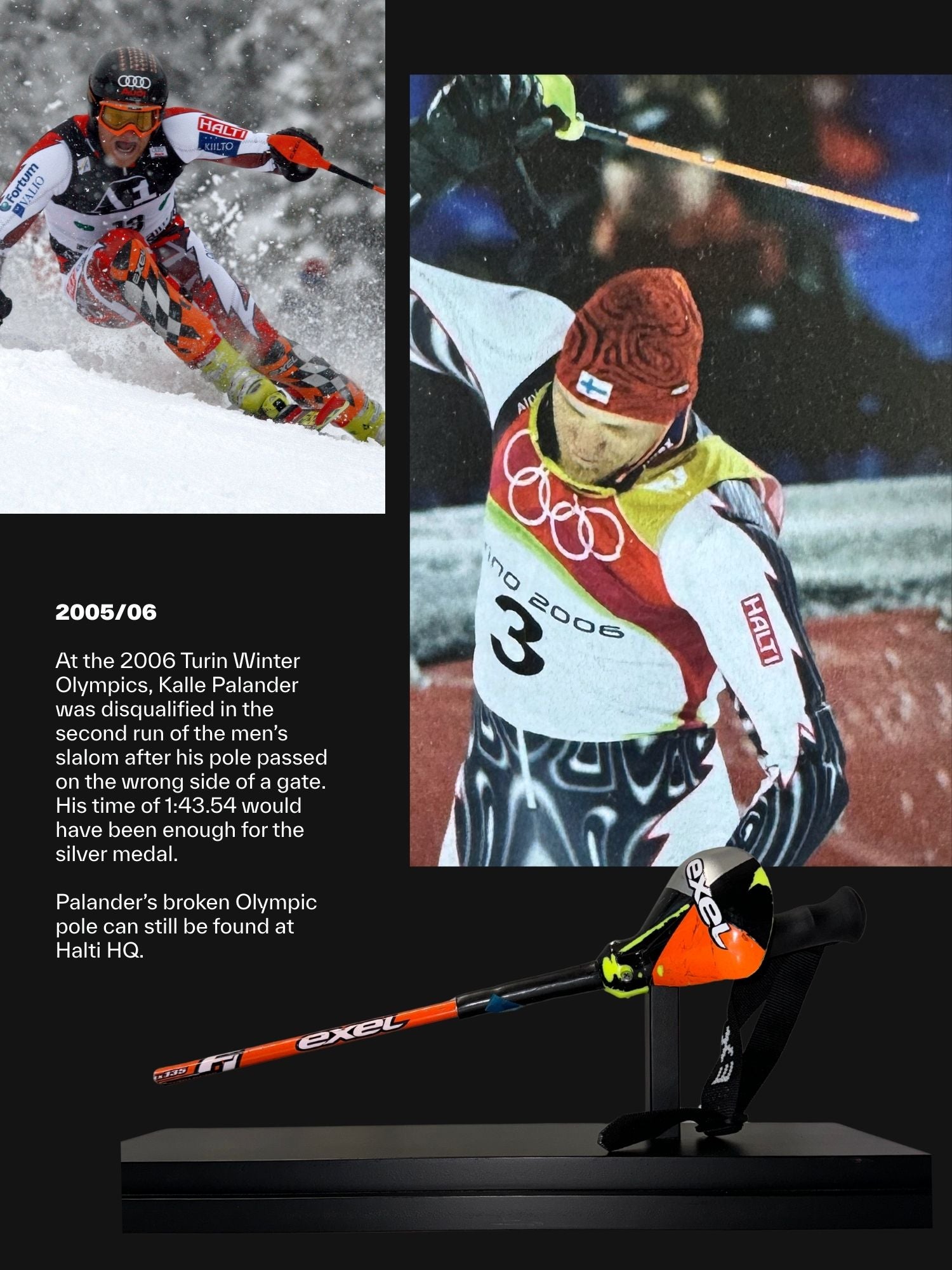 Ein Skifahrer fährt durch ein Slalomtor; darunter ist ein gebrochener Skistock mit einer Beschreibung des Ereignisses bei den Olympischen Winterspielen 2006 zu sehen.