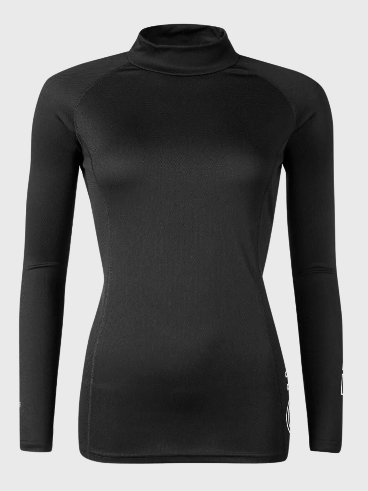 Schwarzes, langärmeliges Prime Damen-Baselayer-Oberteil mit Stehkragen für Outdoor-Aktivitäten.