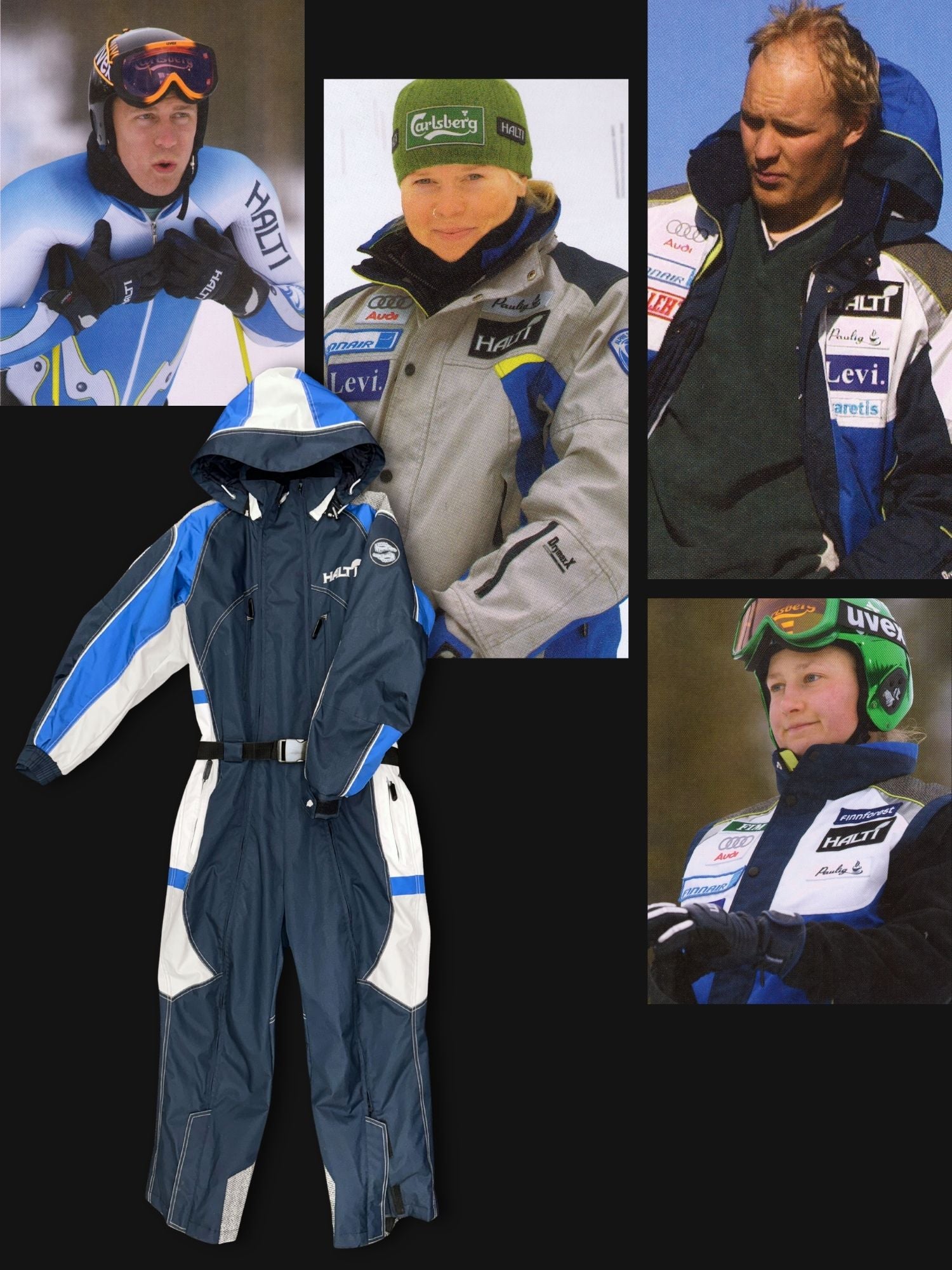 Vier Personen in Wintersportausrüstung und mit Helmen sind neben einem blau-weiß-grauen Skianzug auf schwarzem Hintergrund zu sehen.