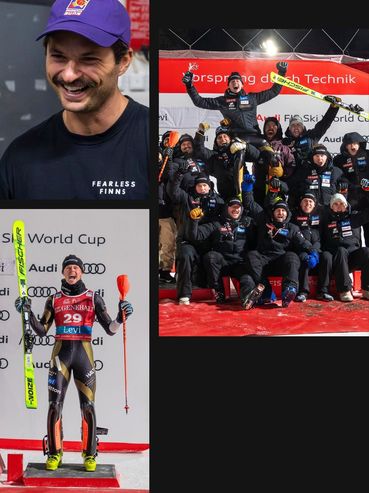 Ein Mann mit einer lila Mütze lächelt, ein Skiteam feiert, und ein Skifahrer posiert mit Skiern und Stock auf einem Podium.