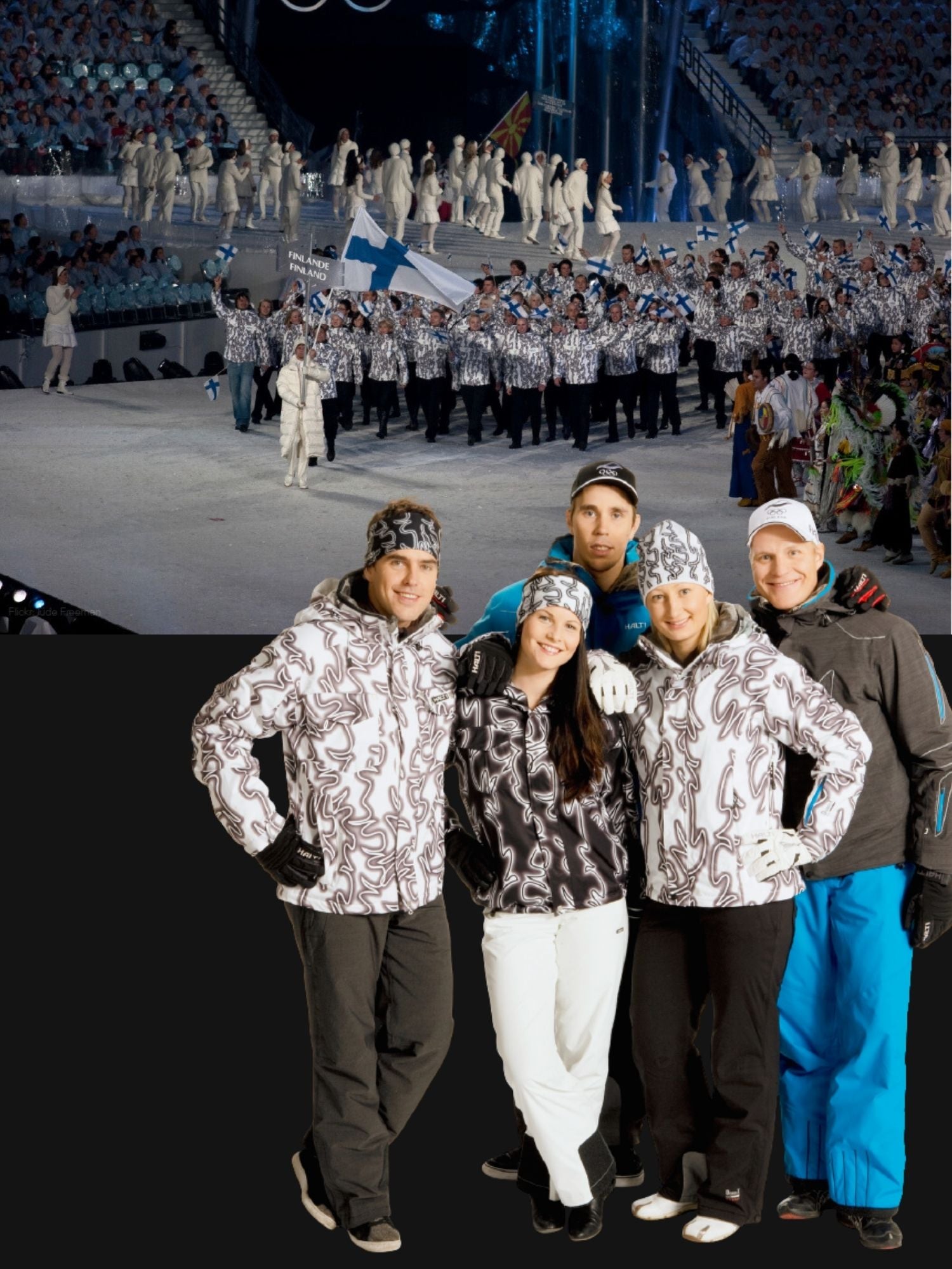 Athleten in gemusterten Uniformen bei einer olympischen Eröffnungsfeier; unten posieren vier von ihnen gemeinsam in einem ähnlichen Outfit.