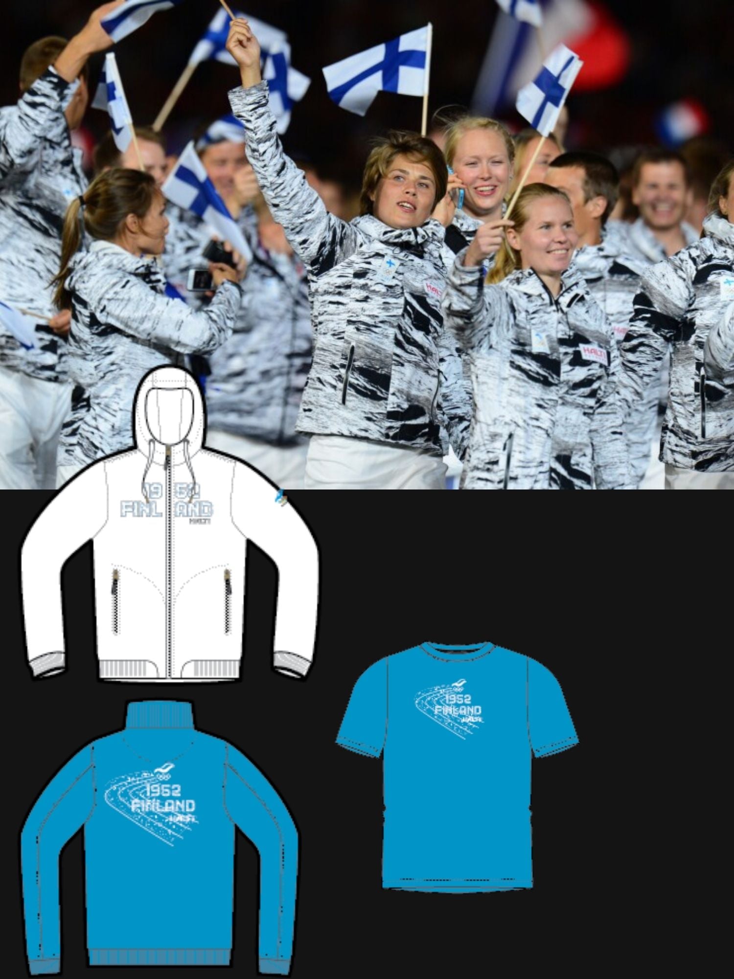 Eine Gruppe von Menschen hält finnische Flaggen; darunter sind Abbildungen von Jacken und T-Shirts mit Finnlandmotiven in Weiß und Blau zu sehen.