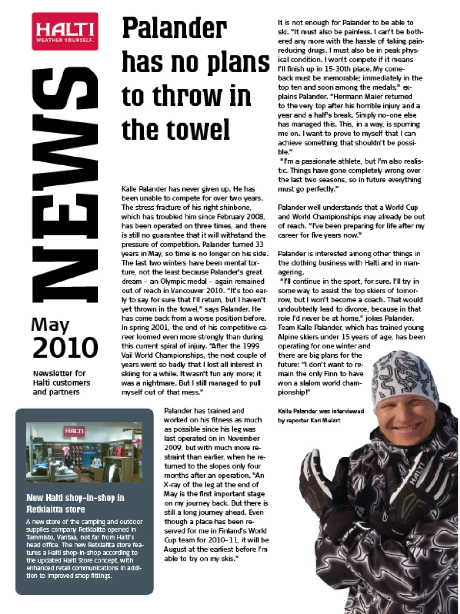 Newsletterseite mit einer Geschichte über Kalle Palander, seine Karriere und einer Halti-Ladenwerbung; Text und Fotos sind enthalten.