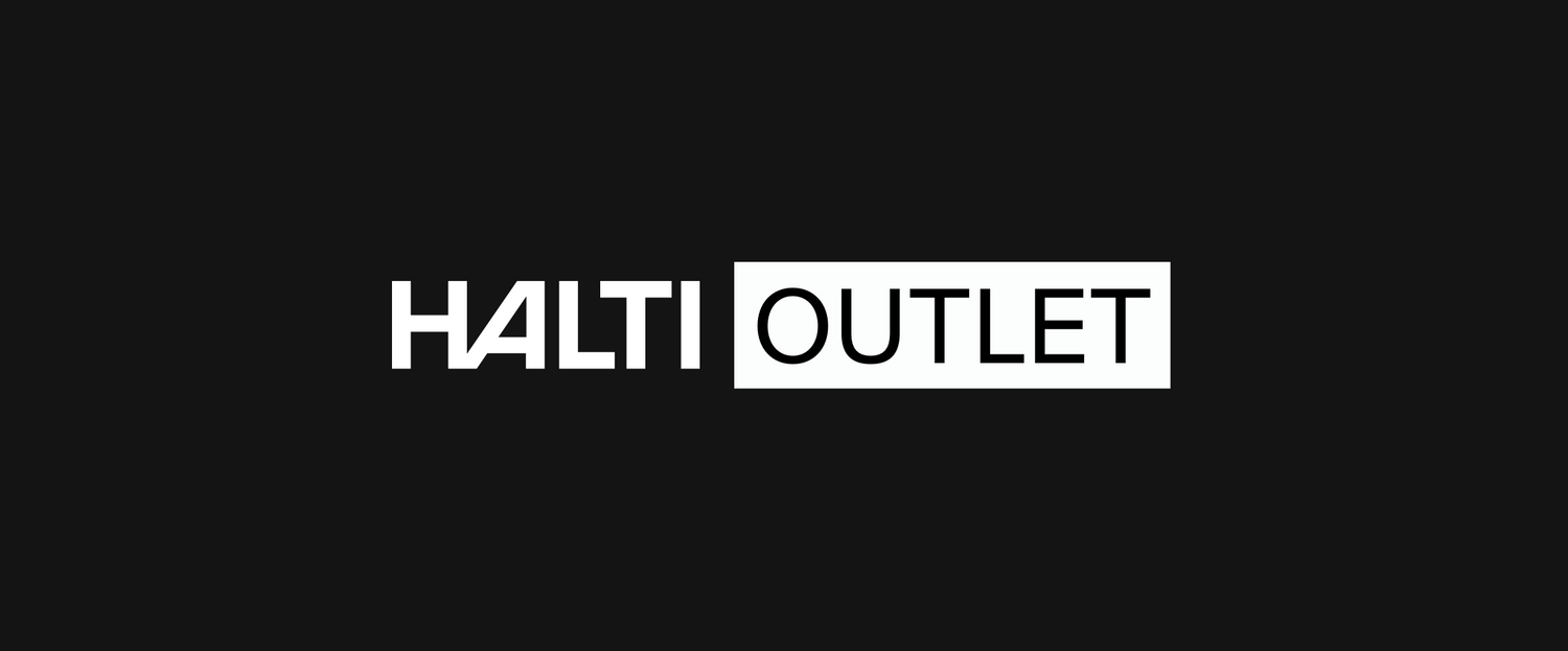 Halti Outlet-Logo mit HALTI in weißer Schrift auf schwarzem Grund und OUTLET in schwarzer Schrift auf einem weißen Rechteck.