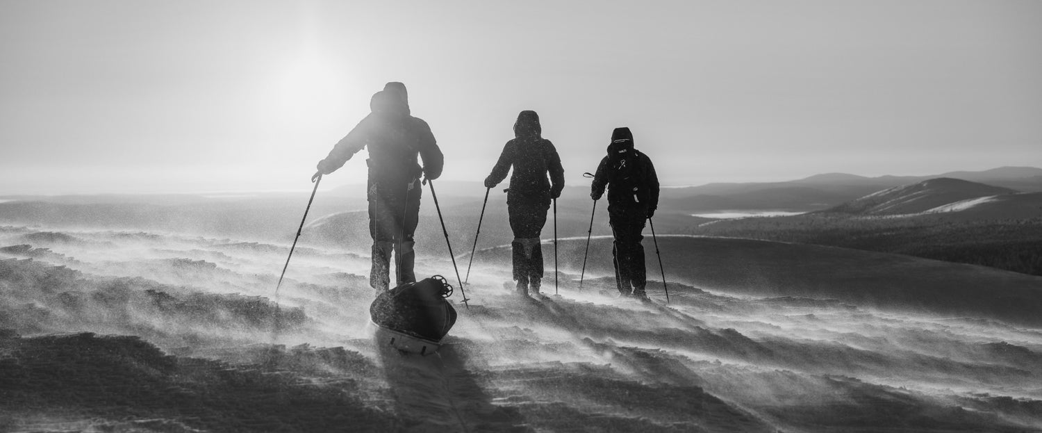 Drei Ski-Touring-Abenteurer in Schneesturm mit Halti Ausrüstung – Schwarz-Weiß-Foto