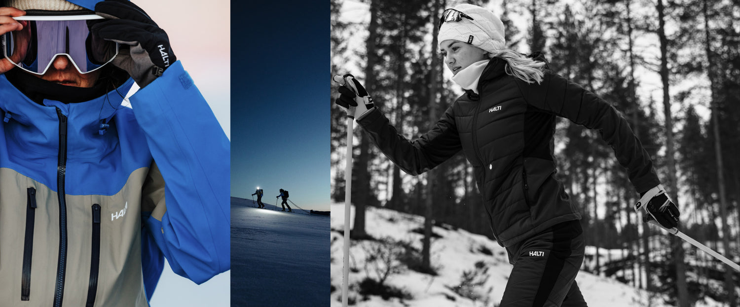 Halti Skibekleidung und XC-Wear in nächtlicher Winterlandschaft – Langläufer und Skifahrer bei Dunkelheit