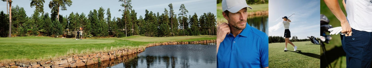 Ein Golfplatz mit Golfspielern, einem Mann in einem blauen Polo, einem Golfspieler, der schwingt, und einer Nahaufnahme von Händen, die einen Golfhandschuh anziehen.