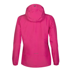 Die Halti River Damen DrymaxX Regenjacke ist eine leuchtend pinke Regenjacke mit Kapuze, langen Ärmeln und einem reflektierenden Logo am Saum.