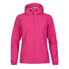 Die Halti River Damen DrymaxX Regenjacke ist eine leuchtend pinke wasserdichte Jacke mit Frontreißverschluss und verstellbarer Kapuze.